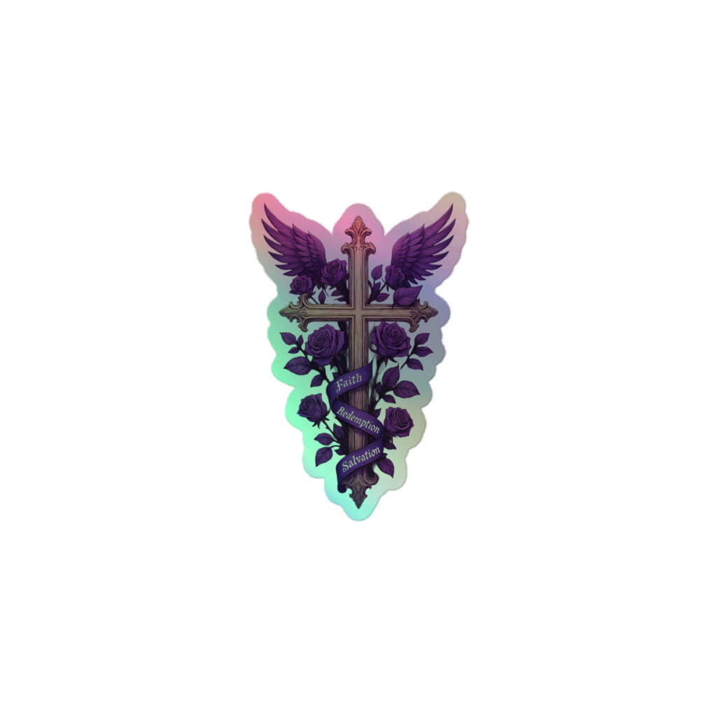 Faith, Redemption, Salvation Purple Rose Cross Holographic stickers